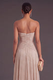 Champagne A-Line Strapless Ruched Long Formal Dress with Sash