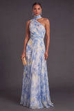 Dusty Blue One Shoulder A-Line Ruched Long Formal Dress with Neck Scarf