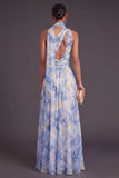 Dusty Blue One Shoulder A-Line Ruched Long Formal Dress with Neck Scarf