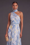 Dusty Blue One Shoulder A-Line Ruched Long Formal Dress with Neck Scarf