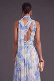 Dusty Blue One Shoulder A-Line Ruched Long Formal Dress with Neck Scarf