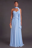 Sparkly Sequins Sky Blue Chiffon A-Line Long Formal Dress with Neck Scarf
