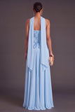 Sparkly Sequins Sky Blue Chiffon A-Line Long Formal Dress with Neck Scarf