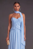Sparkly Sequins Sky Blue Chiffon A-Line Long Formal Dress with Neck Scarf