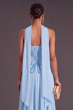Sparkly Sequins Sky Blue Chiffon A-Line Long Formal Dress with Neck Scarf