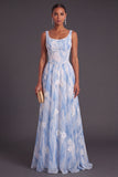 Light Blue Corset A-Line Thick Straps Floral Long Formal Dress