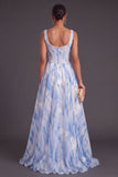 Light Blue Corset A-Line Thick Straps Floral Long Formal Dress