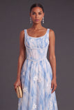 Light Blue Corset A-Line Thick Straps Floral Long Formal Dress