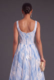 Light Blue Corset A-Line Thick Straps Floral Long Formal Dress