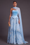 Sky Blue Strapless A-Line Chiffon Long Formal Dress with Neck Scarf