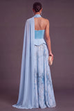 Sky Blue Strapless A-Line Chiffon Long Formal Dress with Neck Scarf