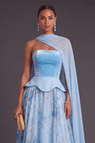 Sky Blue Strapless A-Line Chiffon Long Formal Dress with Neck Scarf