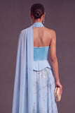 Sky Blue Strapless A-Line Chiffon Long Formal Dress with Neck Scarf