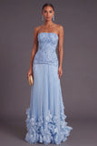 Blue Strapless Sparkly Beaded Pleated Floral A-Line Long Formal Dress