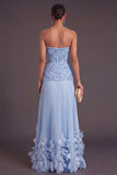Blue Strapless Sparkly Beaded Pleated Floral A-Line Long Formal Dress