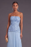Blue Strapless Sparkly Beaded Pleated Floral A-Line Long Formal Dress