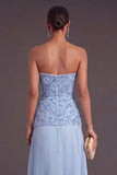 Blue Strapless Sparkly Beaded Pleated Floral A-Line Long Formal Dress