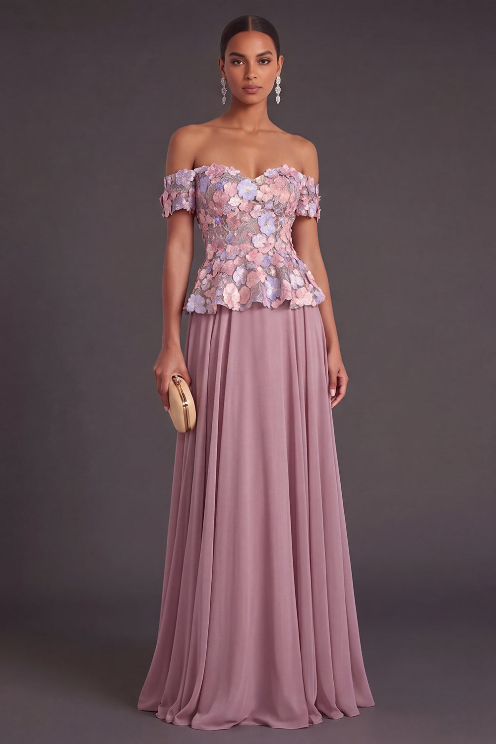 Vintage Mauve Floral Off the Shoulder Appliqued A-Line Long Formal Dress
