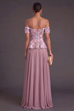 Vintage Mauve Floral Off the Shoulder Appliqued A-Line Long Formal Dress