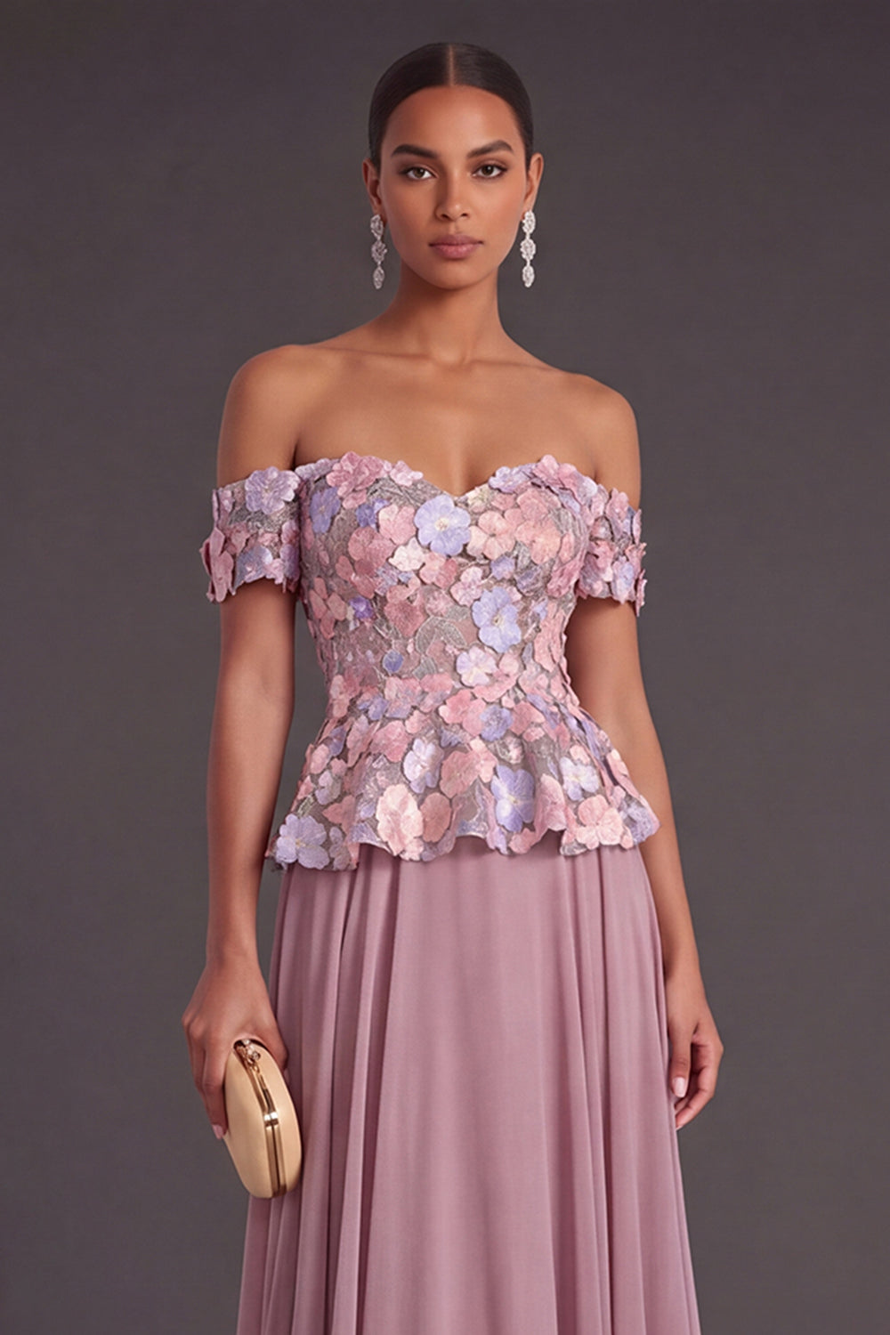 Vintage Mauve Floral Off the Shoulder Appliqued A-Line Long Formal Dress