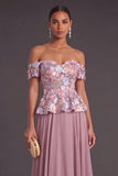 Vintage Mauve Floral Off the Shoulder Appliqued A-Line Long Formal Dress