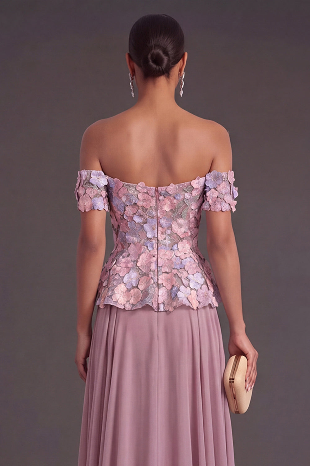 Vintage Mauve Floral Off the Shoulder Appliqued A-Line Long Formal Dress