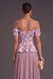 Vintage Mauve Floral Off the Shoulder Appliqued A-Line Long Formal Dress