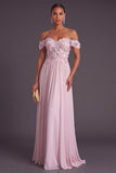 Light Pink Corset A-Line Off the Shoulder Floral Long Formal Dress
