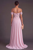 Light Pink Corset A-Line Off the Shoulder Floral Long Formal Dress