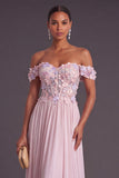 Light Pink Corset A-Line Off the Shoulder Floral Long Formal Dress