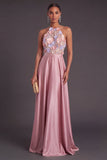 Pink A-Line Round Neck Keyhole Long Formal Dress with 3D Flower