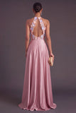 Pink A-Line Round Neck Keyhole Long Formal Dress with 3D Flower