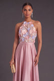 Pink A-Line Round Neck Keyhole Long Formal Dress with 3D Flower