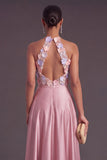 Pink A-Line Round Neck Keyhole Long Formal Dress with 3D Flower