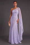 Sparkly Lilac Mermaid One Shoulder Beaded Long Formal Dress with Cape