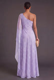 Sparkly Lilac Mermaid One Shoulder Beaded Long Formal Dress with Cape