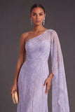Sparkly Lilac Mermaid One Shoulder Beaded Long Formal Dress with Cape