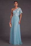Pink A-Line Floral One Shoulder Embroidered Long Formal Dress