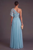 Pink A-Line Floral One Shoulder Embroidered Long Formal Dress