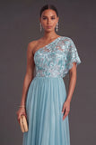 Pink A-Line Floral One Shoulder Embroidered Long Formal Dress