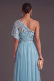 Pink A-Line Floral One Shoulder Embroidered Long Formal Dress