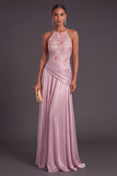 Pink A-Line Floral Round Neck Embroidered Ruched Long Formal Dress