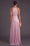 Pink A-Line Floral Round Neck Embroidered Ruched Long Formal Dress