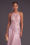 Pink A-Line Floral Round Neck Embroidered Ruched Long Formal Dress
