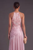 Pink A-Line Floral Round Neck Embroidered Ruched Long Formal Dress
