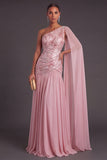 Pink One Shoulder Floral Chiffon A-Line Ruched Long Formal Dress with Cape