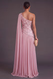 Pink One Shoulder Floral Chiffon A-Line Ruched Long Formal Dress with Cape