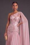 Pink One Shoulder Floral Chiffon A-Line Ruched Long Formal Dress with Cape