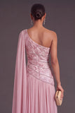 Pink One Shoulder Floral Chiffon A-Line Ruched Long Formal Dress with Cape