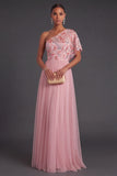 Pink A-Line Floral One Shoulder Embroidered Long Formal Dress